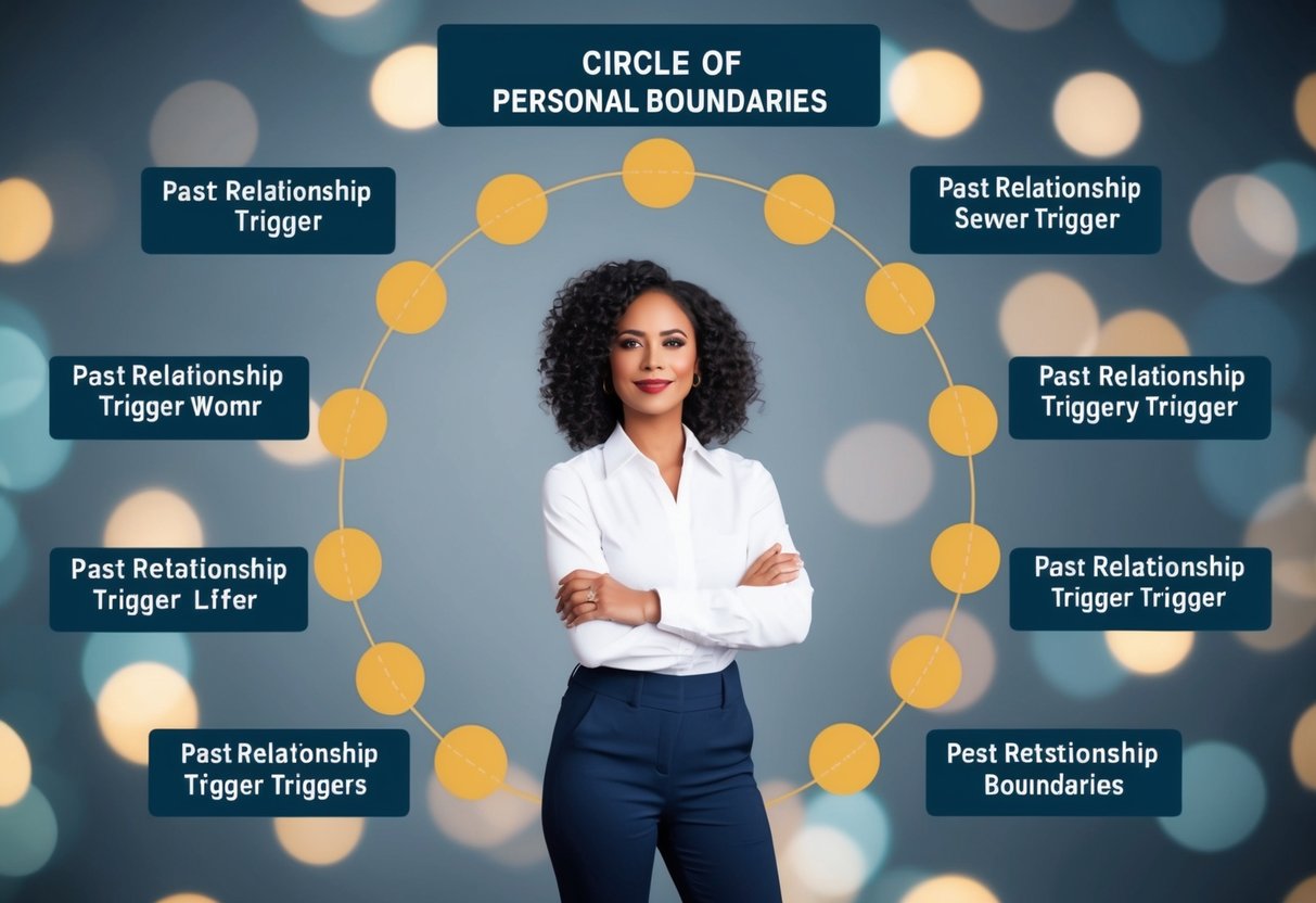 A woman standing confidently, surrounded by a circle of personal boundaries, each labeled with a past relationship trigger