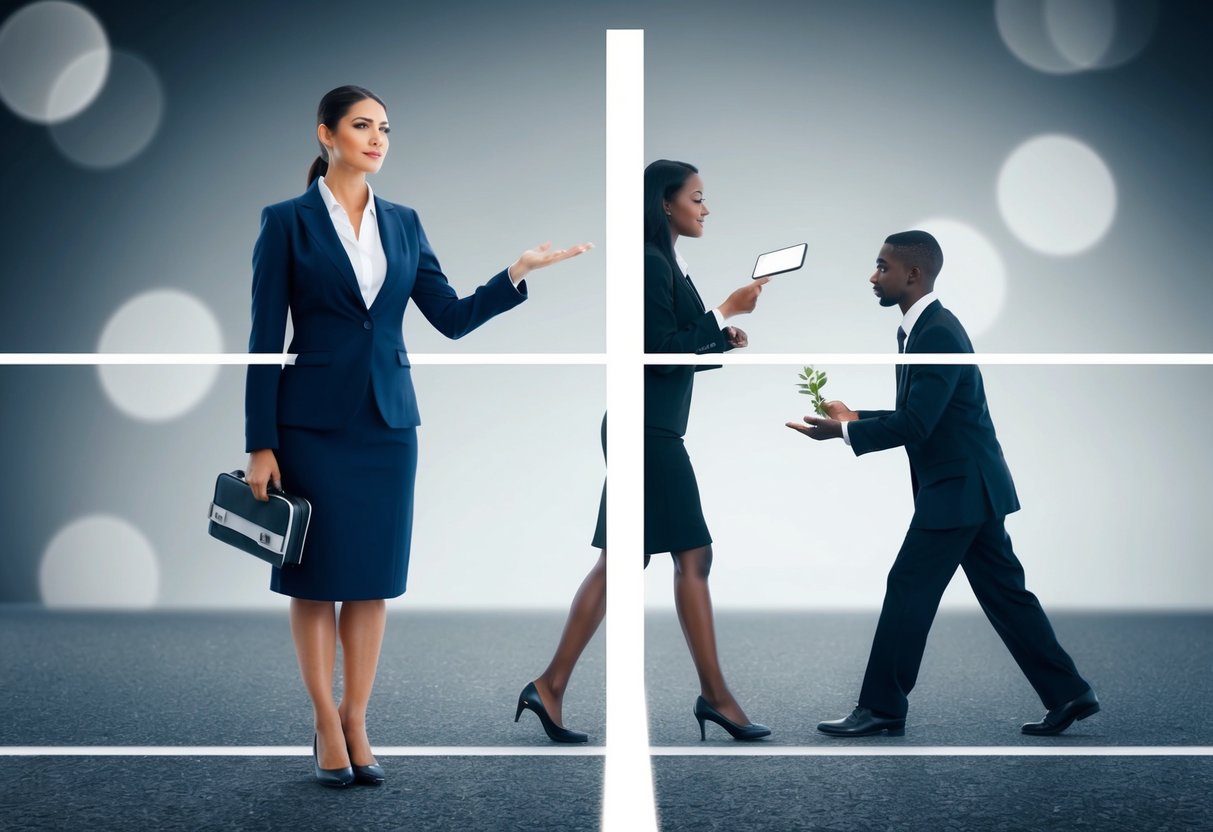 A woman standing confidently with a clear boundary line separating her from a figure trying to cross it. She holds a set of communication tools while the other figure holds a peace offering