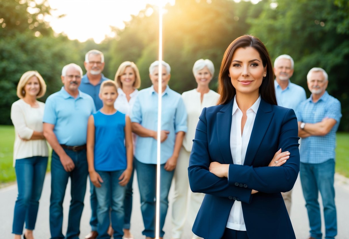 A woman standing confidently with a clear boundary line separating her from a group of family members