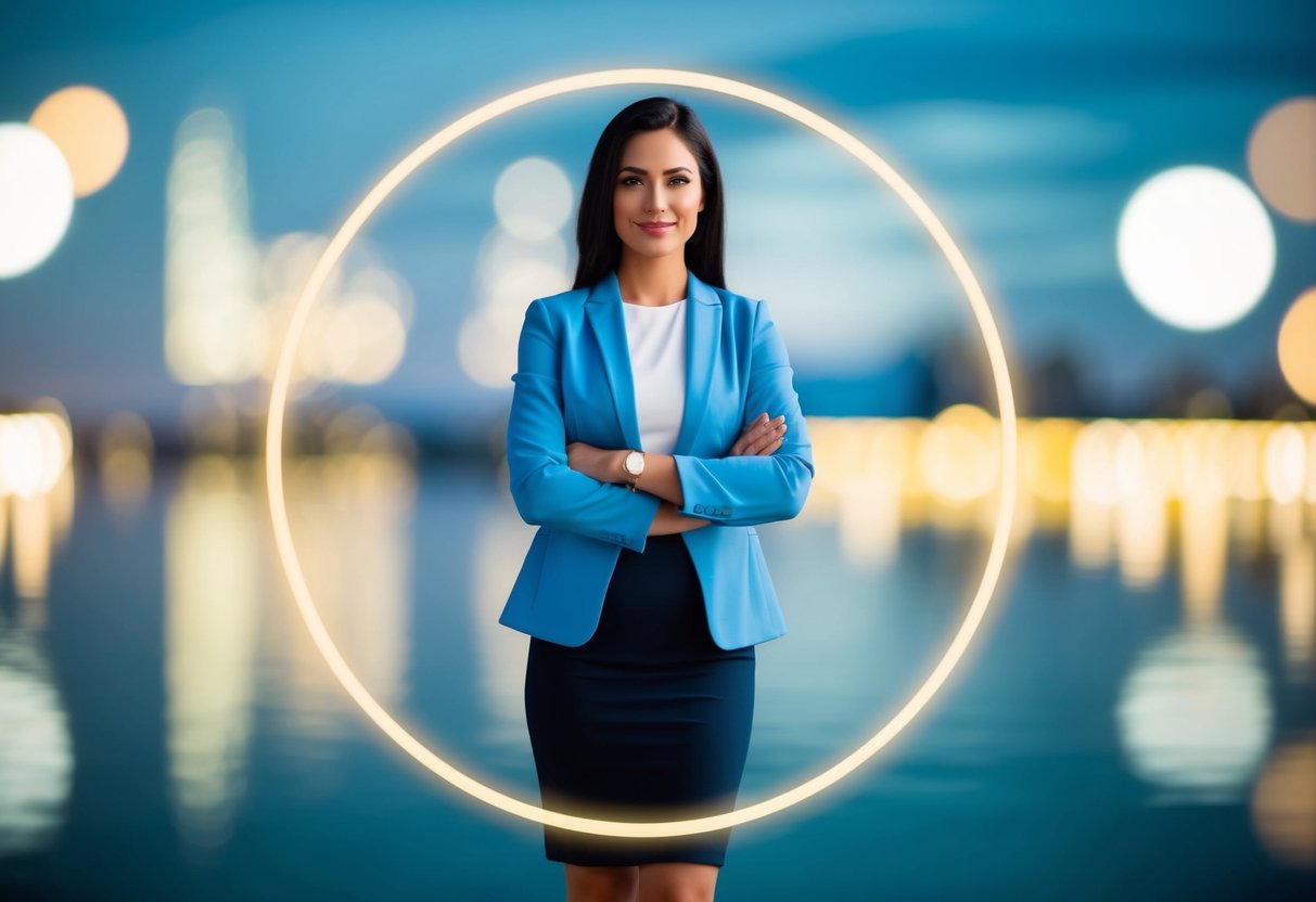 A woman standing confidently with a clear boundary line around her, symbolizing her understanding of physical boundaries in dating