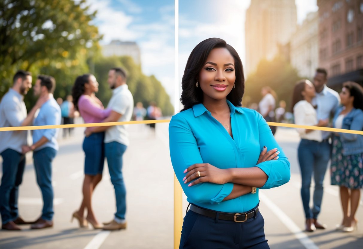 A woman confidently standing with arms crossed, surrounded by a clear, defined boundary line, with couples engaging in public displays of affection on one side and respectful distance on the other