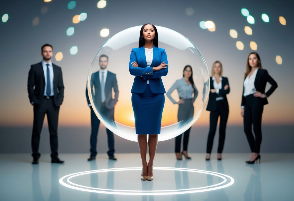 A woman standing confidently, surrounded by a protective bubble, while her ex-partners are kept at a distance by a clear boundary