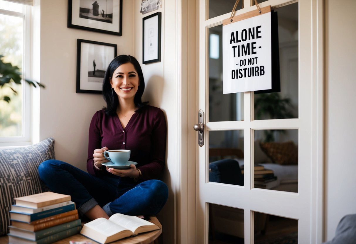 A woman sitting in a cozy corner of a room, surrounded by books and a cup of tea, with a sign on the door indicating "Alone Time - Do Not Disturb."