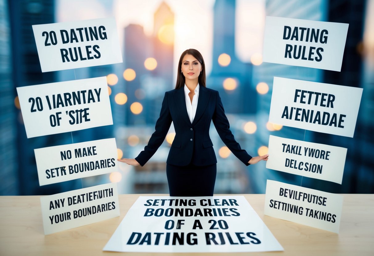 A woman setting clear boundaries with a confident stance, surrounded by a list of 20 dating rules