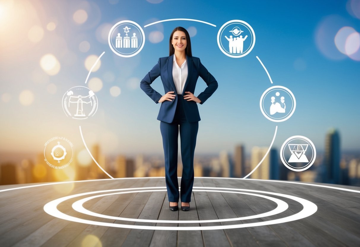 A woman standing confidently with a clear boundary line around her, surrounded by symbols of respect, trust, and communication