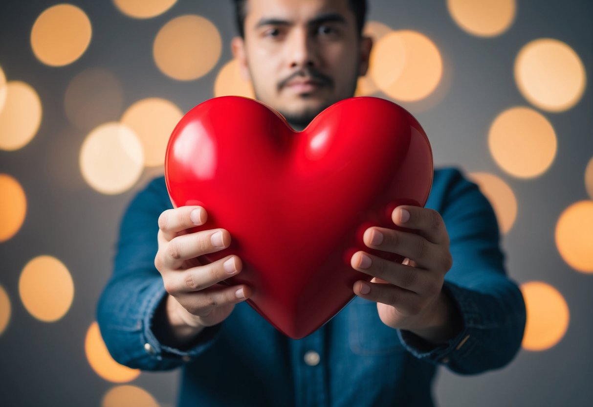 A person holding a large heart while their own heart appears small and neglected