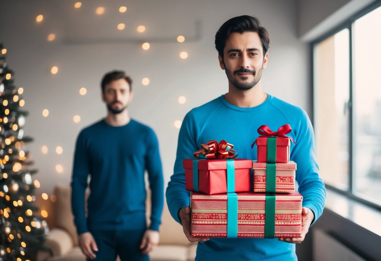 A person holding a large stack of gifts while their partner stands empty-handed, looking indifferent