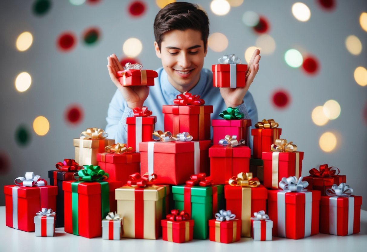 A person surrounded by a pile of gifts, constantly giving without receiving in return