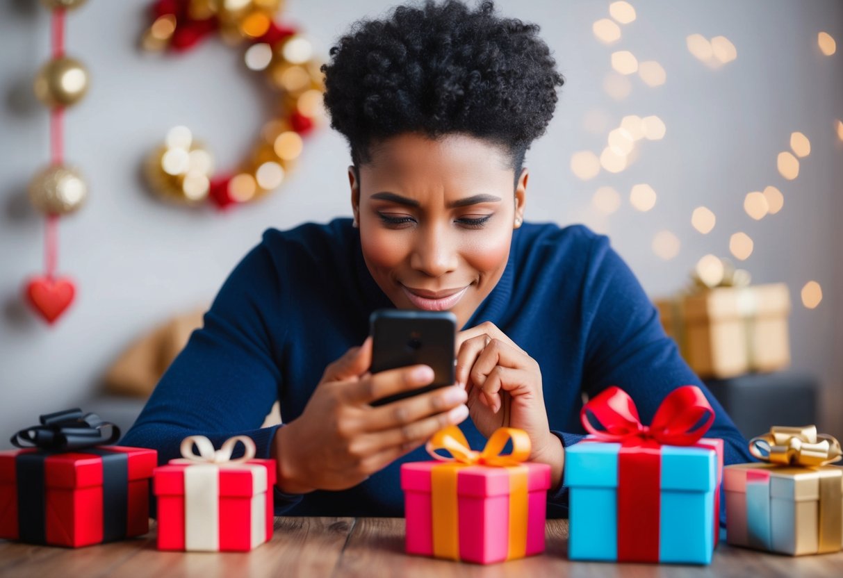 A person anxiously checking their phone for a response, surrounded by gifts and gestures of affection