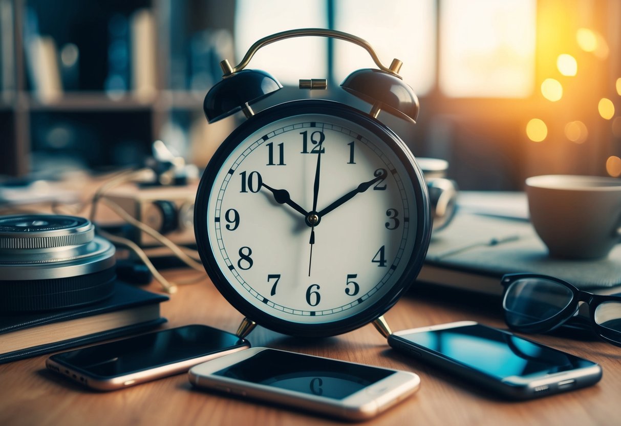 A clock with hands pointing to a late hour, surrounded by neglected hobbies and a neglected phone