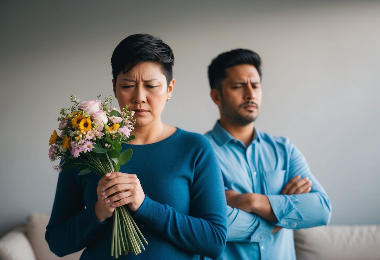 A person holding a bouquet of flowers, looking remorseful while their partner stands with crossed arms, indicating tension in the relationship