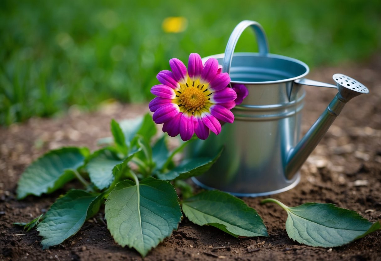 A wilted flower surrounded by drooping leaves and empty watering can