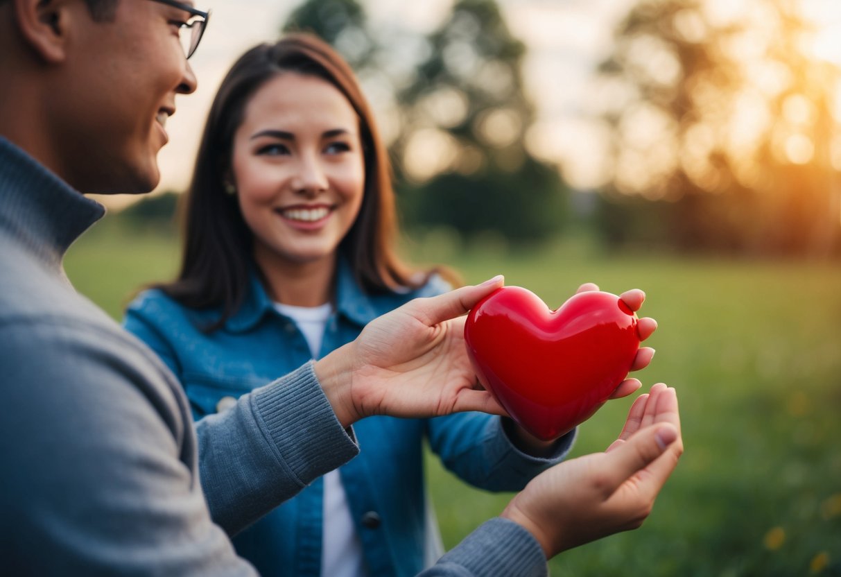 A person holding a heart out to someone, eagerly seeking their approval