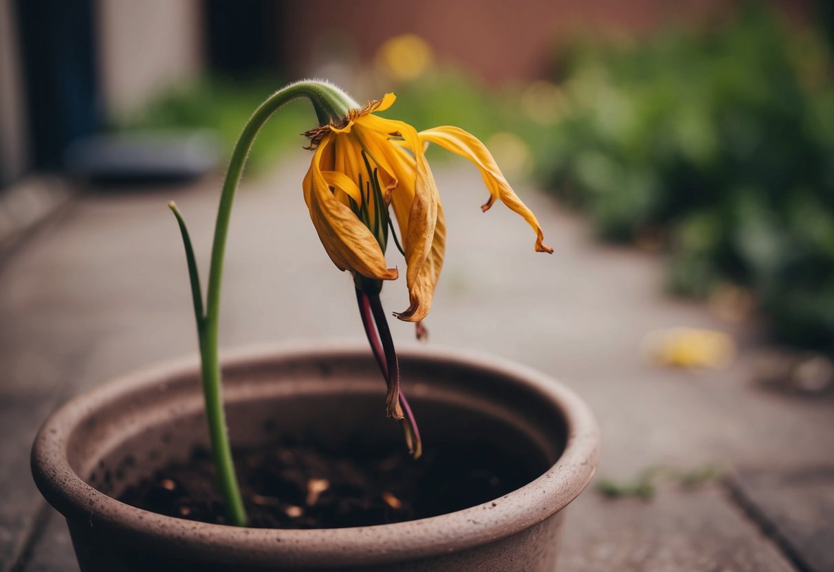 A wilted flower drooping in a neglected pot