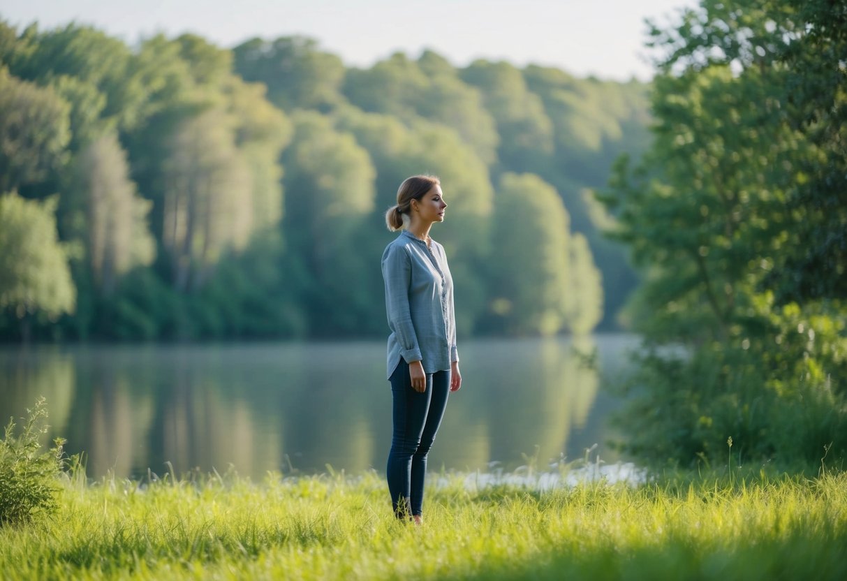 A person standing alone in a peaceful, serene setting, surrounded by nature and calmness, with no signs of conflict or tension