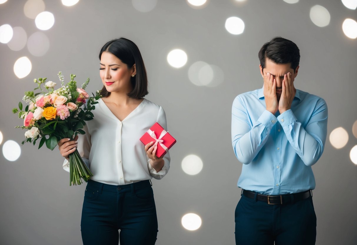 A person holding a bouquet of flowers and a small gift, while their partner stands with empty hands and a disappointed expression