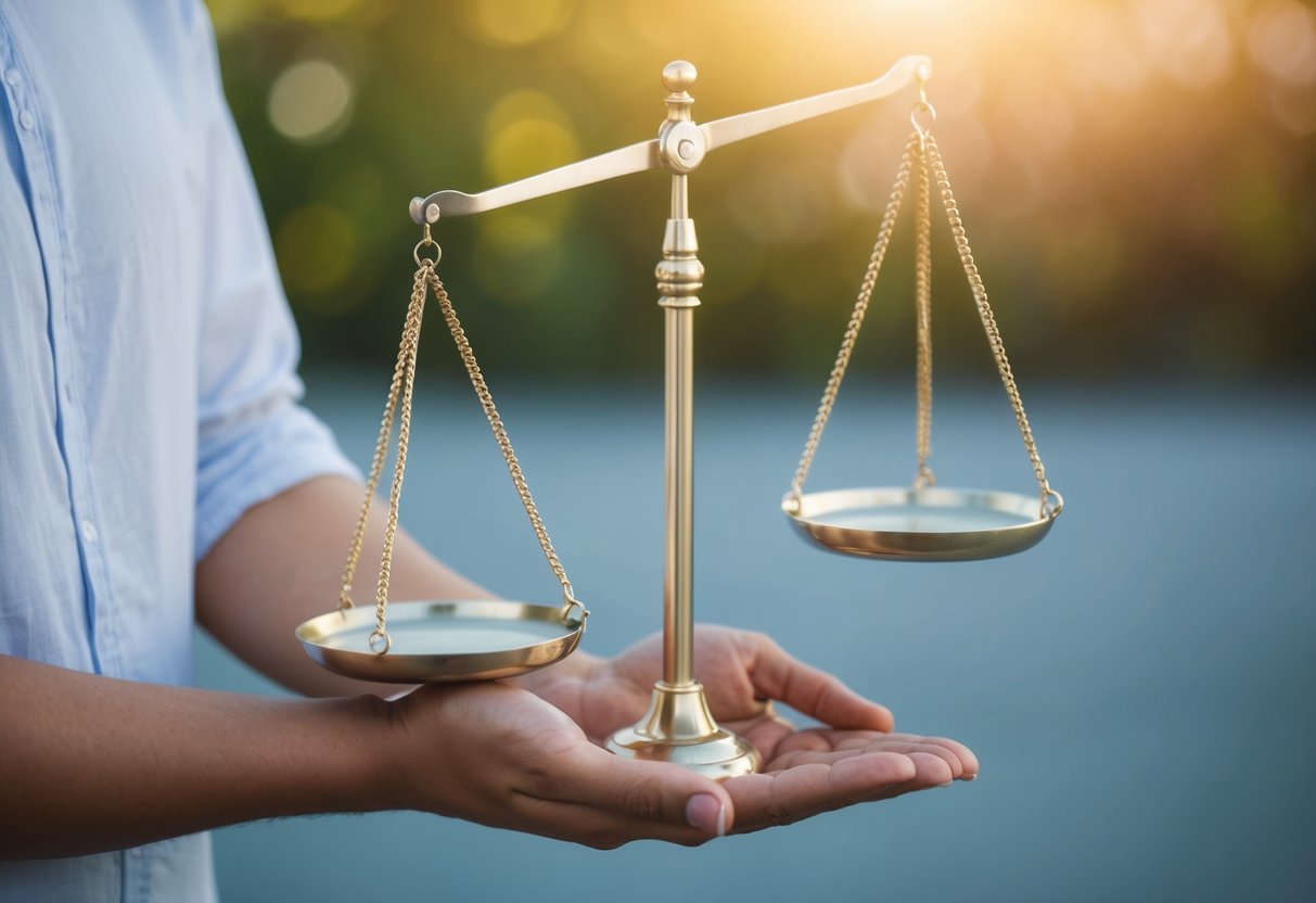 A person holding a scale with one side weighed down heavily while the other side is nearly empty, symbolizing imbalance in giving and receiving in dating