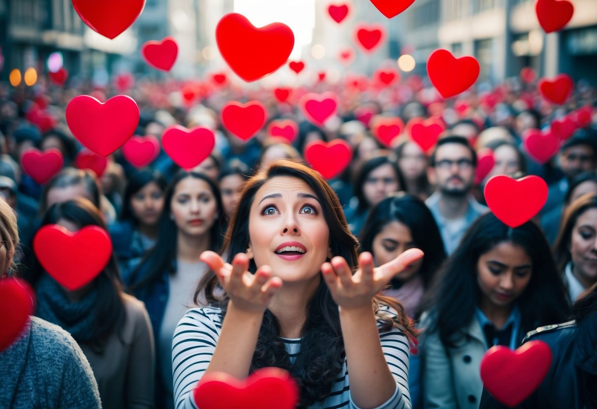 A person surrounded by a crowd, juggling multiple hearts and feeling overwhelmed