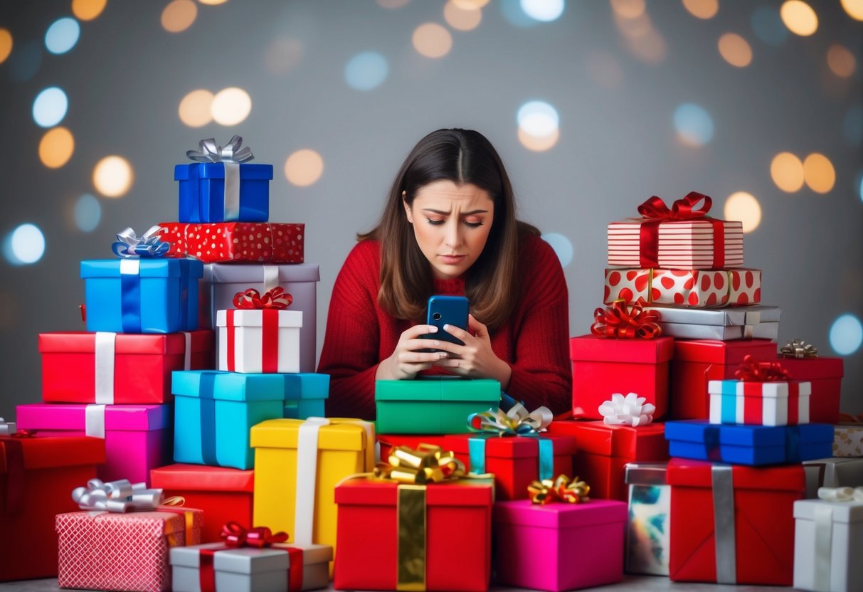 A person surrounded by a pile of gifts, constantly checking their phone for messages, with a tired and overwhelmed expression