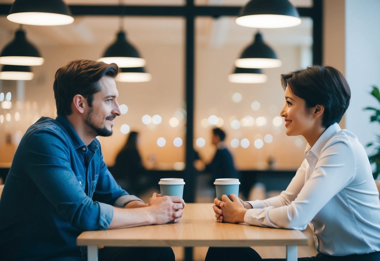 Two people sitting across from each other, maintaining eye contact and engaged in a respectful conversation