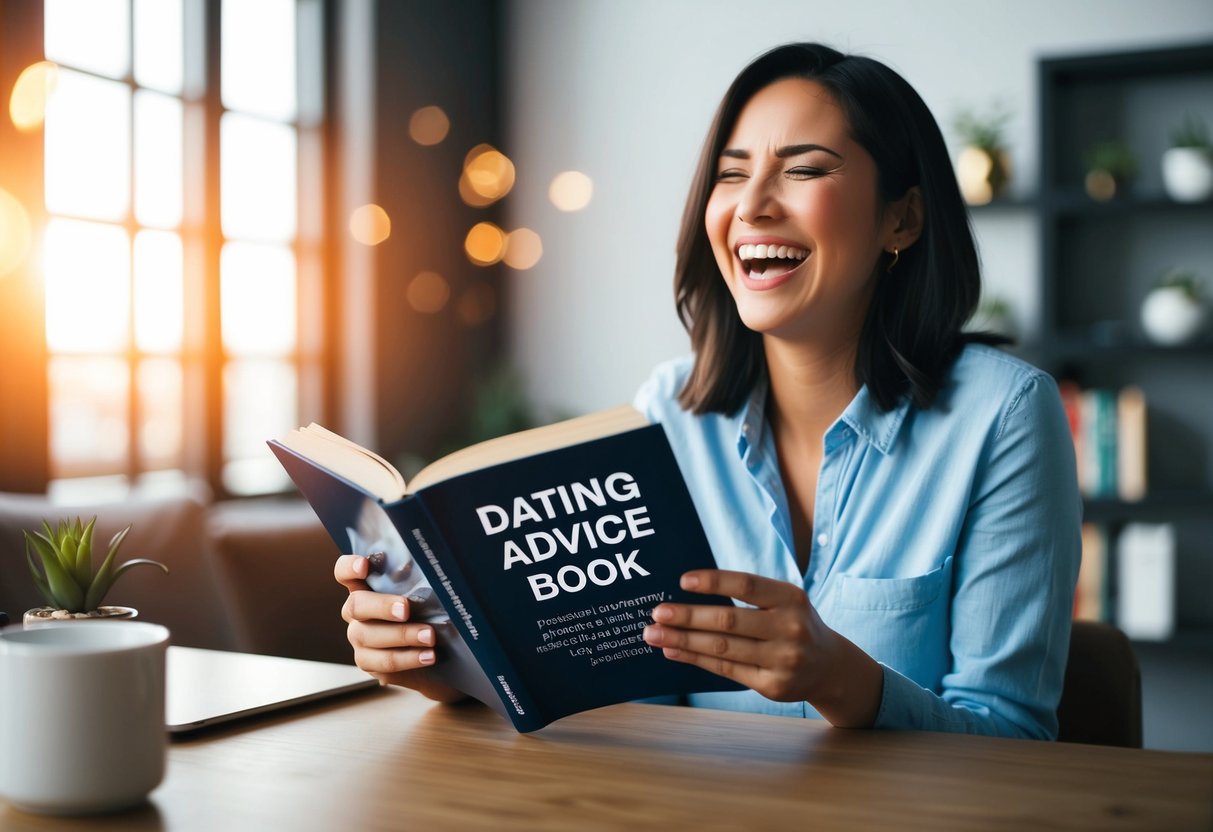 A person laughing while reading a dating advice book with a playful and lighthearted atmosphere