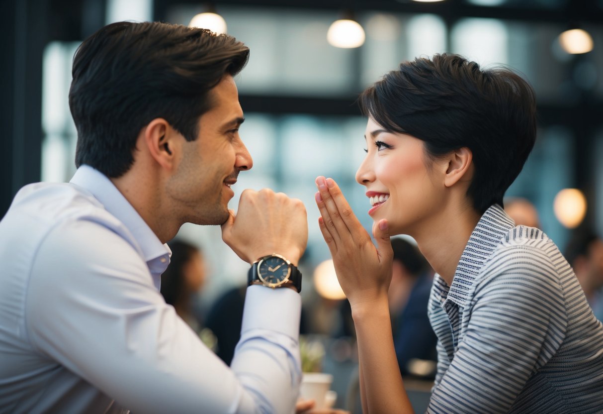 A person leaning in attentively while another speaks, nodding and making eye contact, showing genuine interest in the conversation