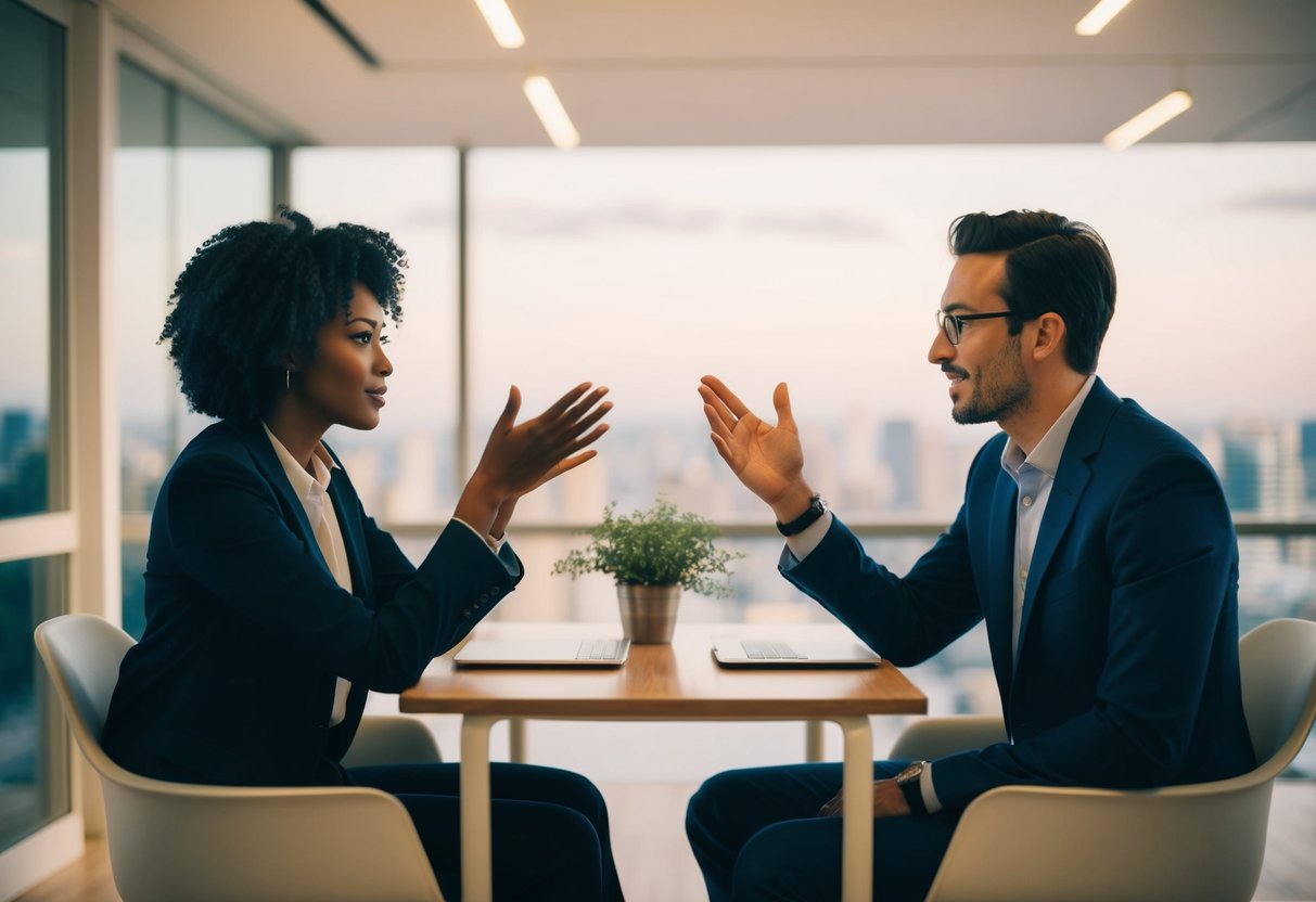 Two figures sitting across from each other, engaged in deep conversation, with a sense of curiosity and connection in the air