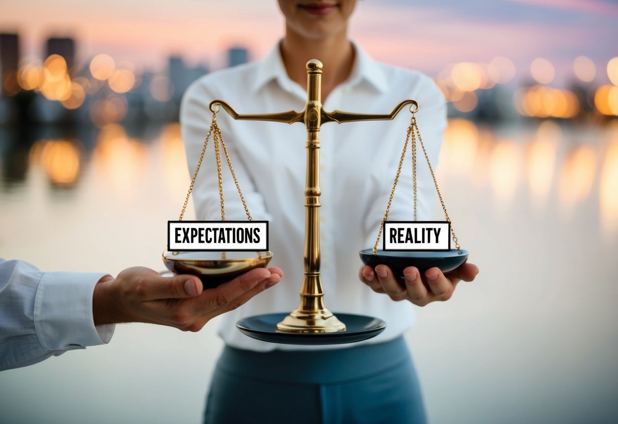 A person holding a scale, with one side labeled "Expectations" and the other "Reality." The scale is balanced in the middle