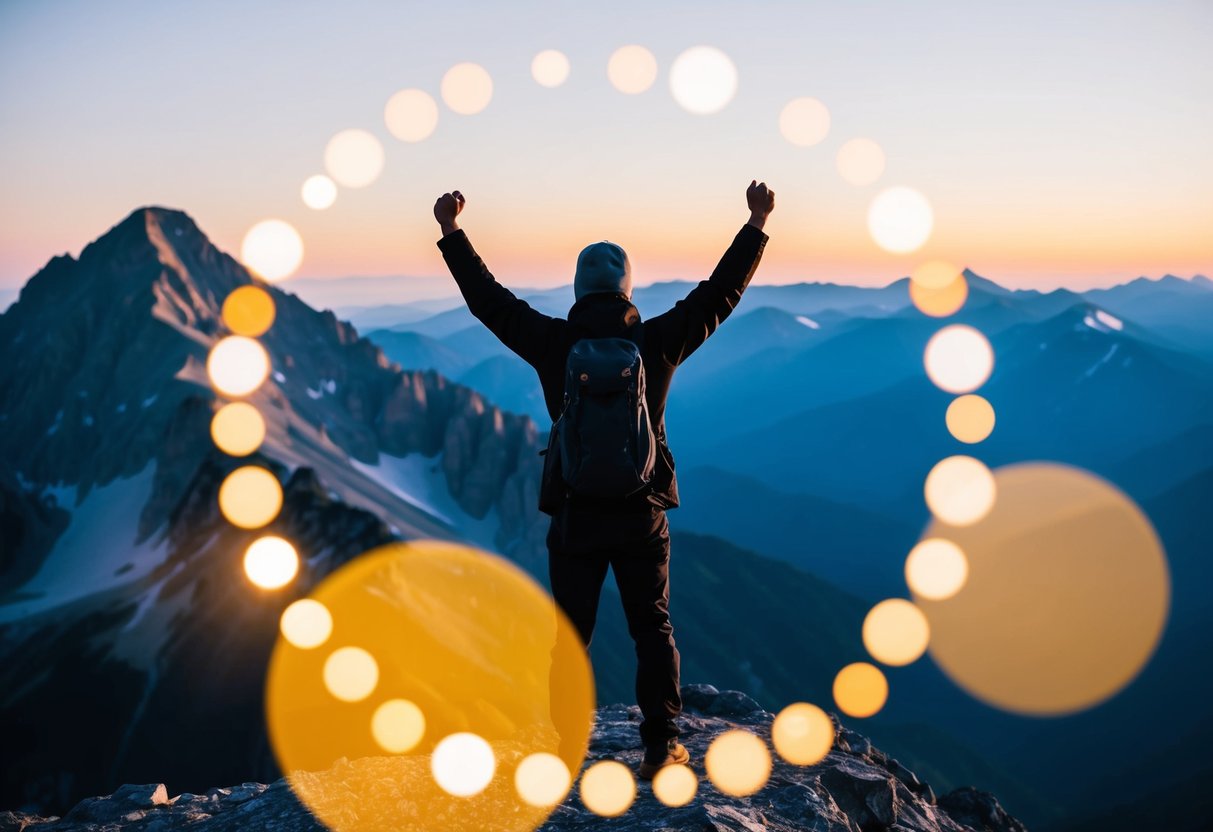 A person standing on top of a mountain, arms raised in celebration, surrounded by a circle of glowing orbs representing personal achievements