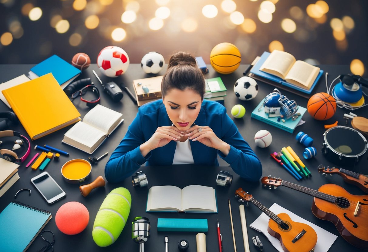 A person surrounded by various hobbies and activities, such as books, sports equipment, art supplies, and musical instruments, symbolizing a diverse range of interests and passions