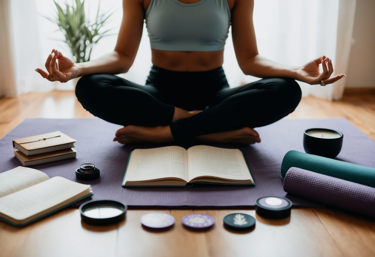 A person sitting cross-legged, surrounded by various symbols of self-care and empowerment, such as a journal, yoga mat, and affirmations