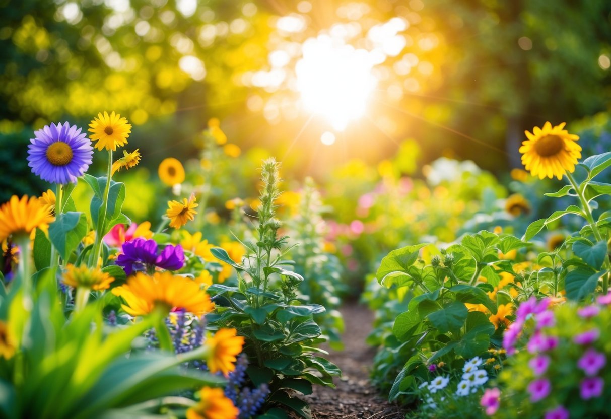 A flourishing garden with various plants and flowers reaching towards the sun, symbolizing the growth and empowerment in dating