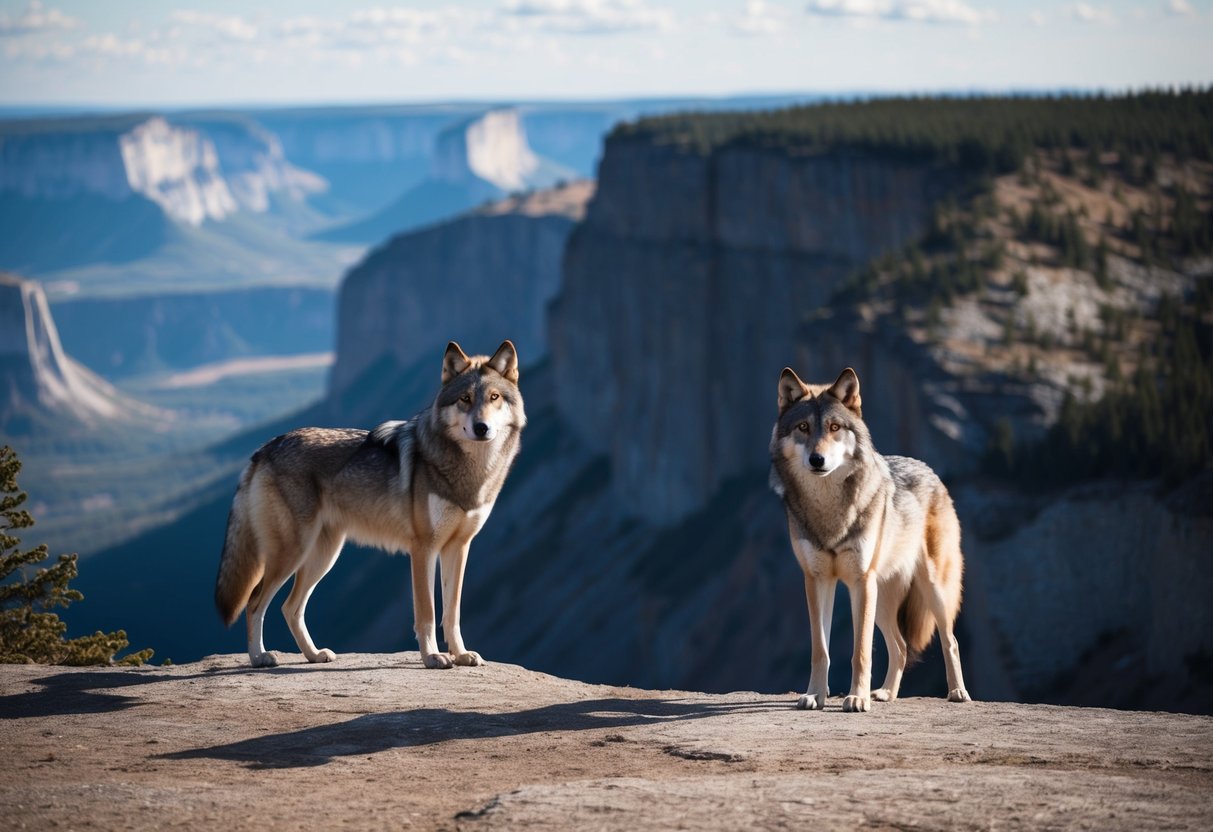 A lone wolf standing confidently on a cliff edge, overlooking a vast and powerful landscape