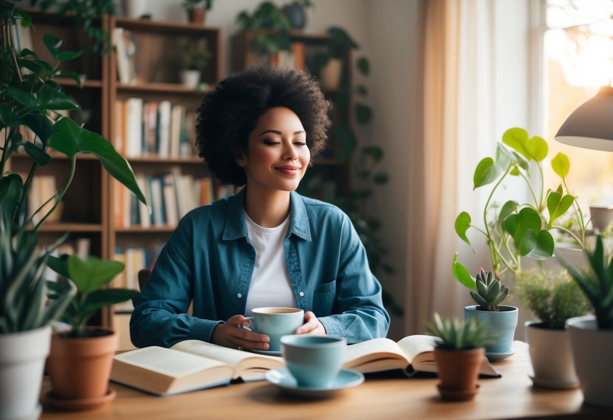 A person sitting in a cozy, well-lit room surrounded by books, plants, and a cup of tea, looking content and at peace