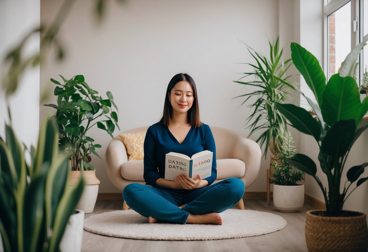 A person sitting calmly with a book on dating, surrounded by plants and a peaceful environment