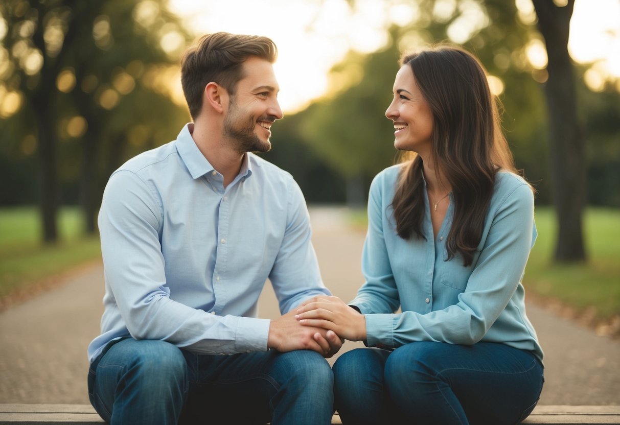 A couple sitting together, facing each other, smiling and holding hands