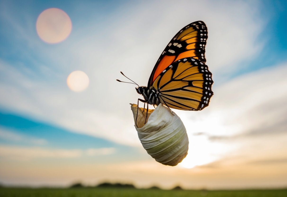 A butterfly emerging from a cocoon, fluttering into the open sky