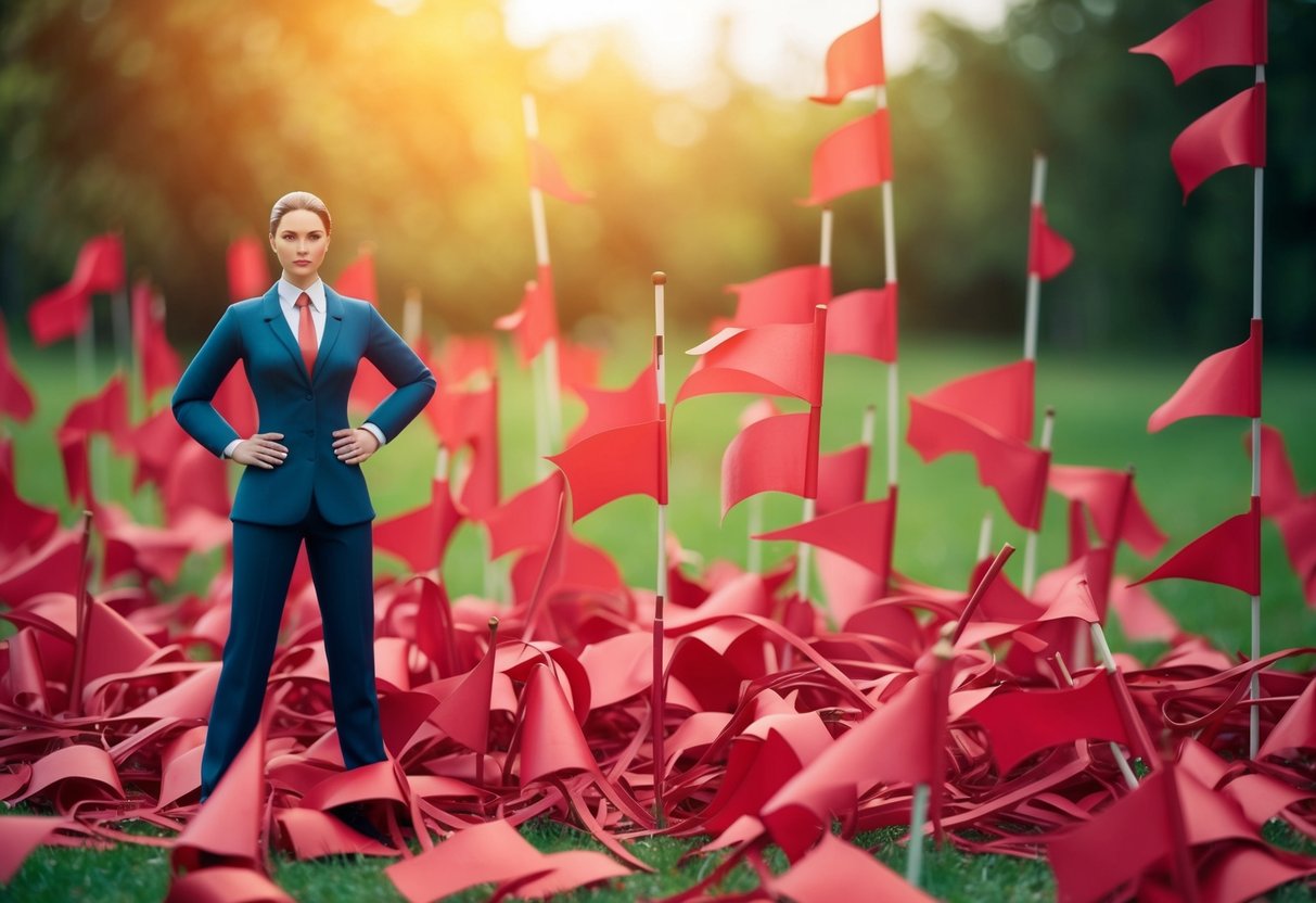 A figure standing confidently outside a maze of tangled red flags, breaking free from manipulation