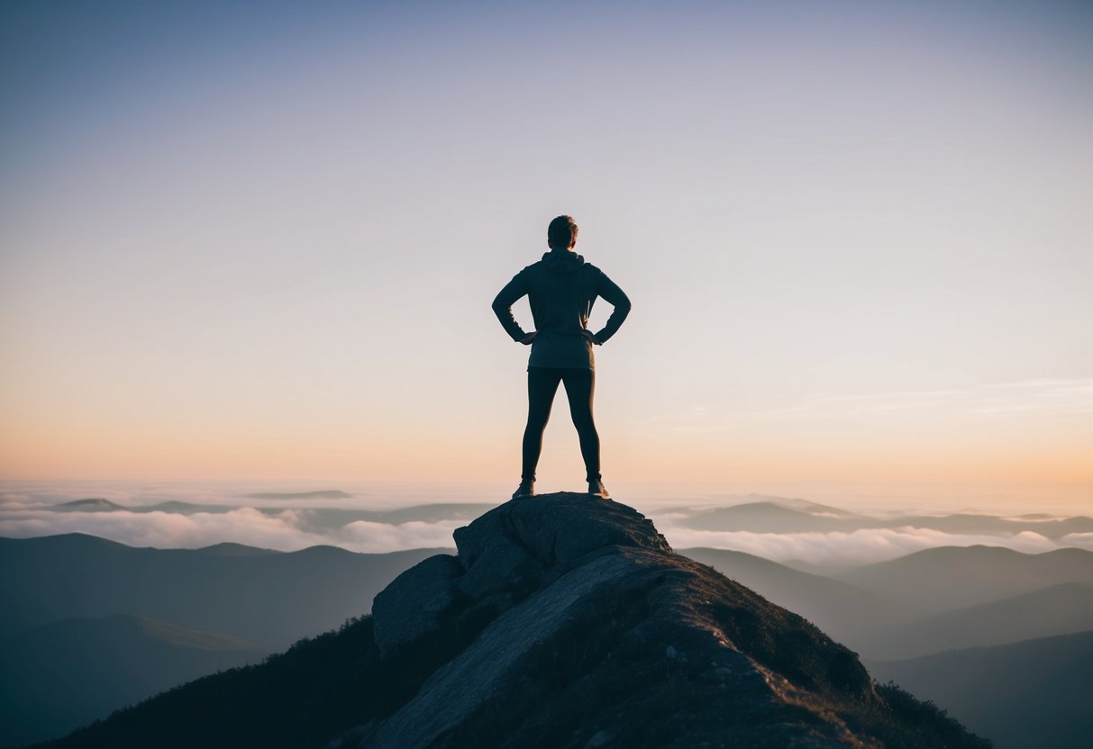 A person standing confidently on top of a mountain, surrounded by a beautiful and serene landscape, symbolizing their journey towards self-worth and freedom from manipulative relationships