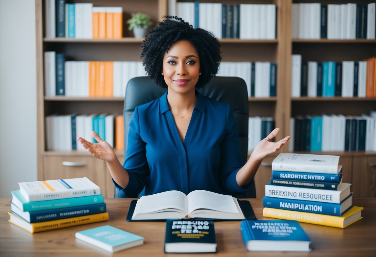 A person sitting in a therapist's office, surrounded by supportive resources and books on breaking free from manipulation