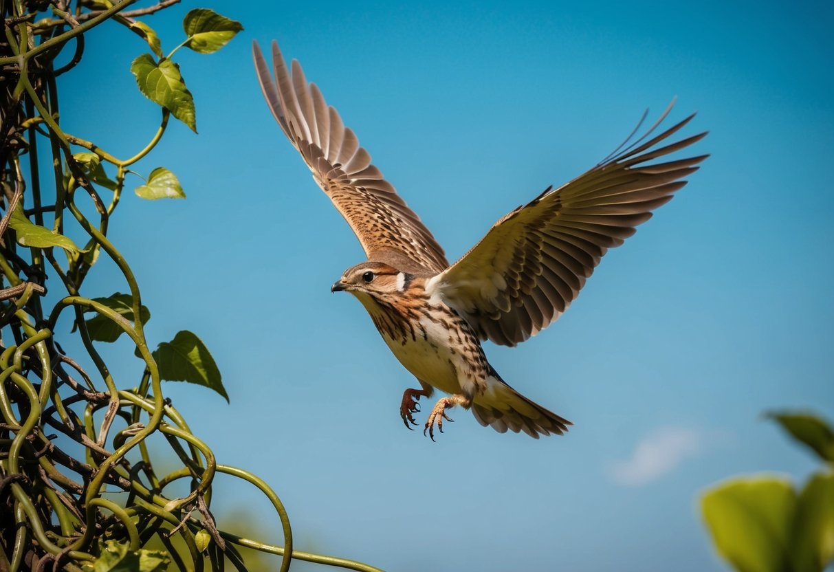 A bird breaking free from tangled vines, soaring into a clear blue sky