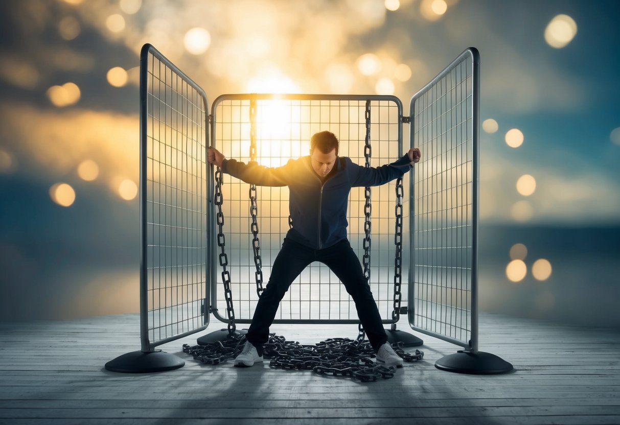 A person breaking free from chains, surrounded by a protective barrier, symbolizing emotional safety