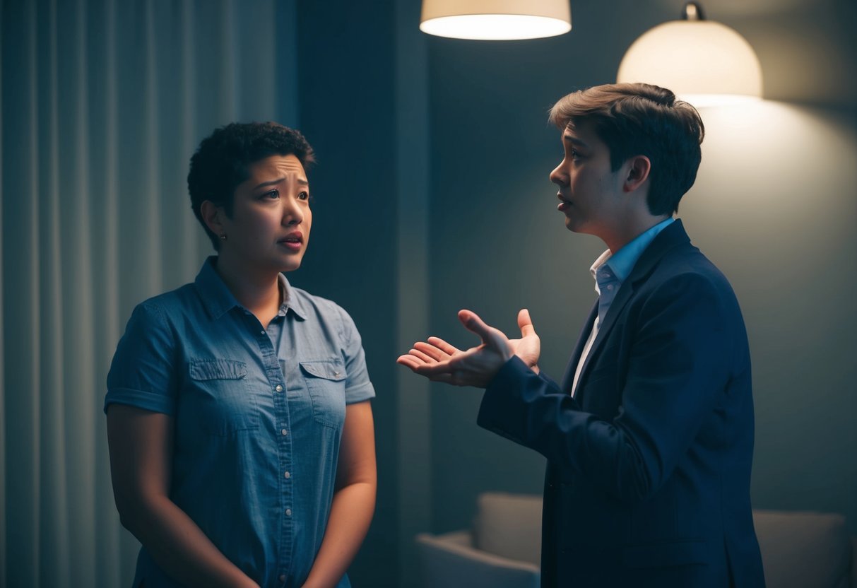 A person standing in a dimly lit room, looking confused and distressed while another person is speaking to them in a manipulative and dismissive manner