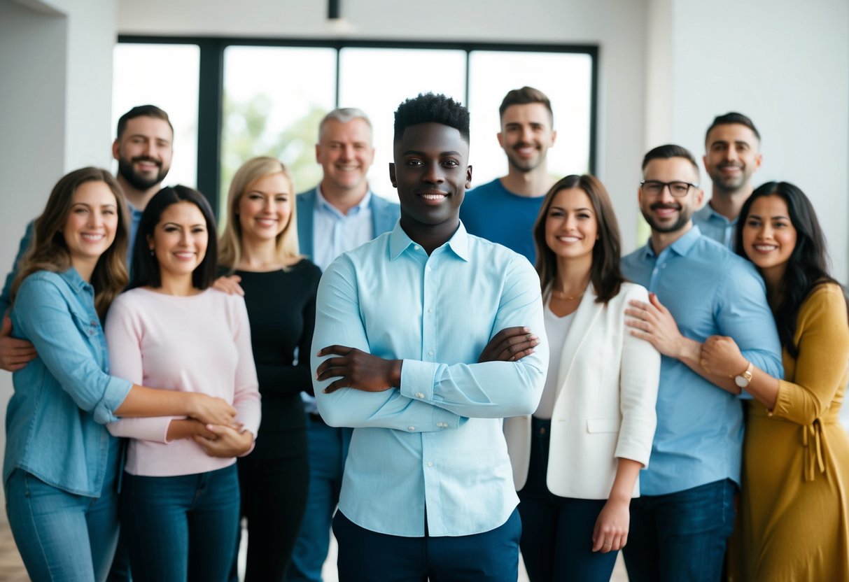 A person standing confidently while surrounded by a group of supportive friends and family, with a sense of empowerment and strength emanating from their posture