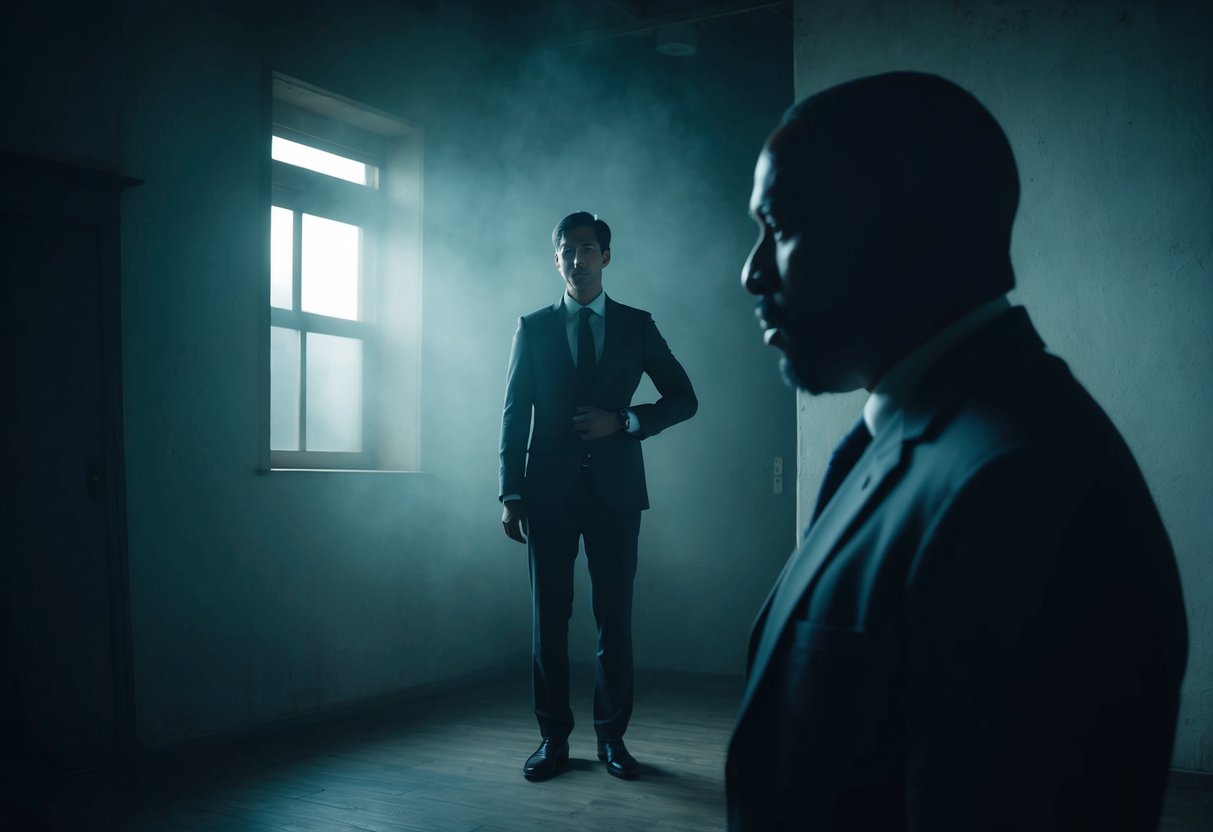 A person standing confidently while facing a shadowy figure with a manipulative expression, surrounded by a dimly lit room with unsettling atmosphere