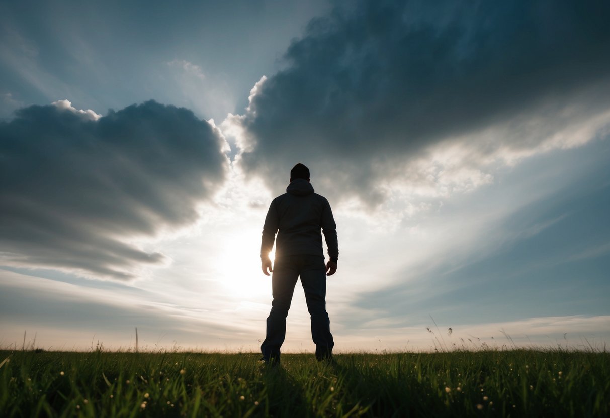 A person standing tall and strong, surrounded by dark clouds that are slowly dissipating, revealing a bright and hopeful sky