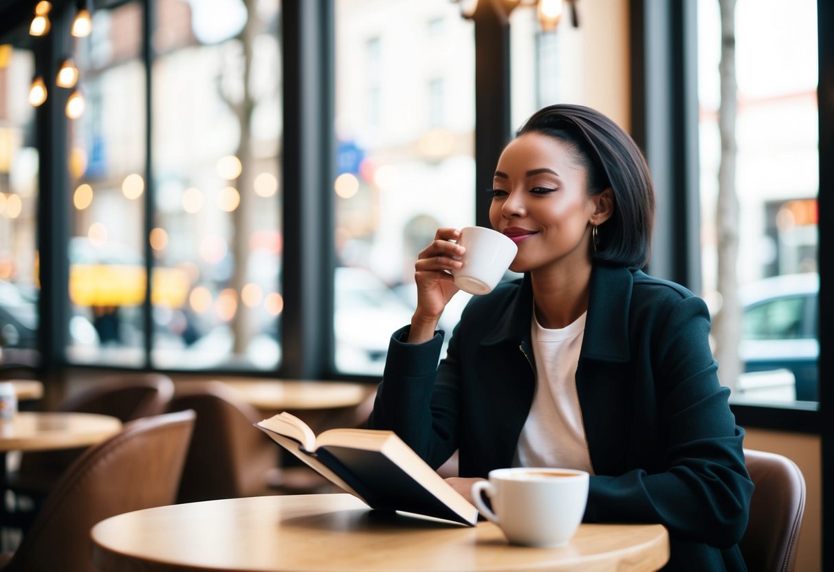 A person sitting alone in a cozy cafe, sipping a coffee and reading a book with a confident and content expression