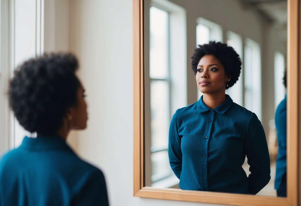 A person standing in front of a mirror, gazing at their reflection with a contemplative expression