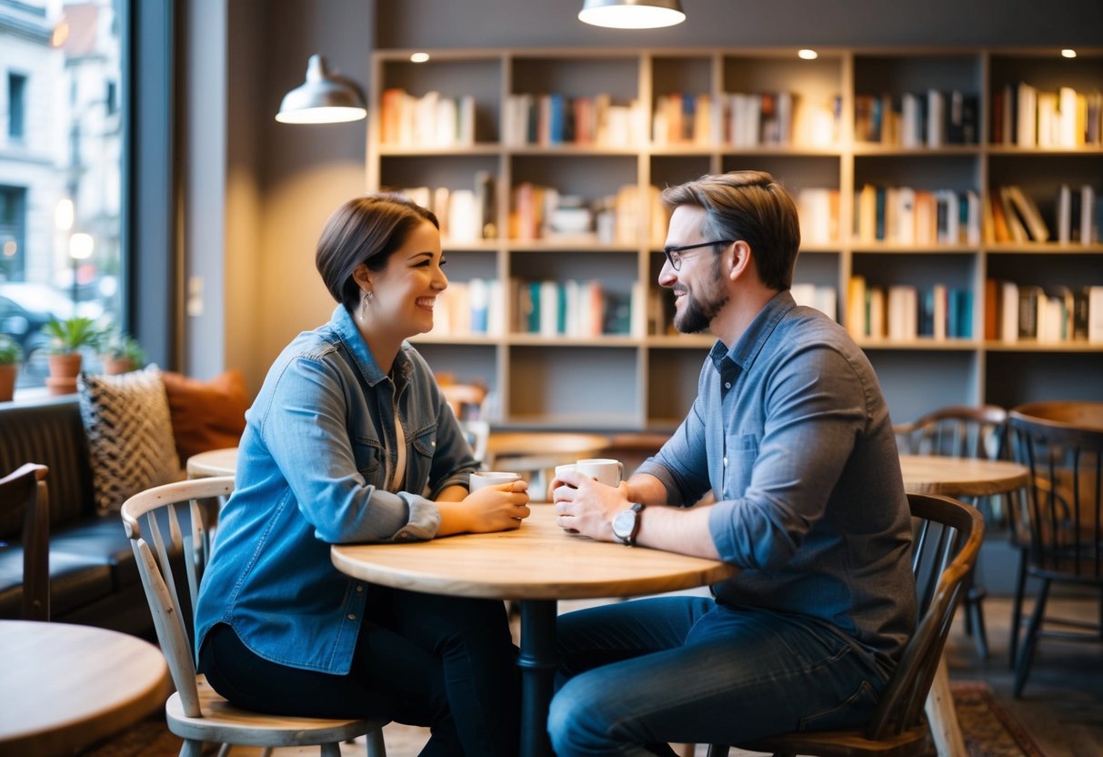 A cozy coffee shop with mismatched furniture, bookshelves, and soft lighting, where two people engage in genuine conversation