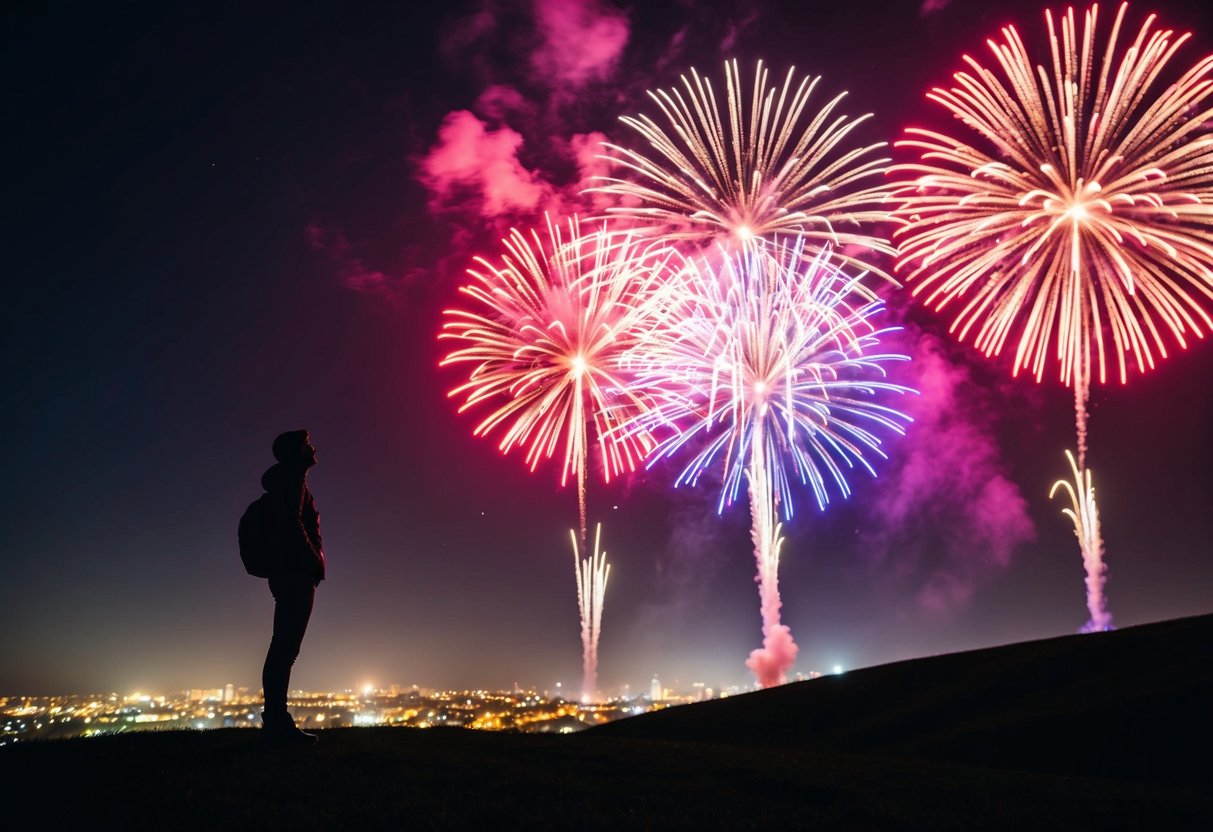 A colorful fireworks display lighting up the night sky, with a silhouette of a person standing confidently alone on a hill, gazing at the spectacle